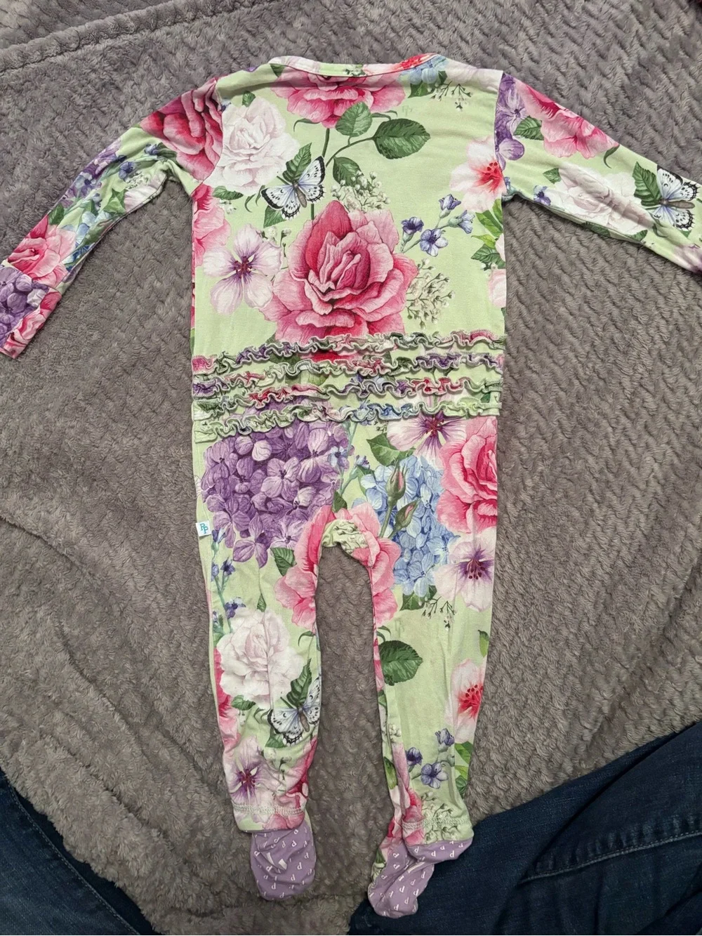 EUC. Posh Peanut Pink & Green Floral Zip Footed One-Piece. 18-24 Months.